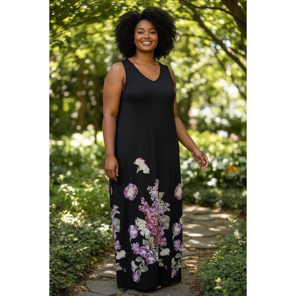 Vintage 90s Notations Floral Border  Maxi Dress Black Grunge Whimsigoth Size L